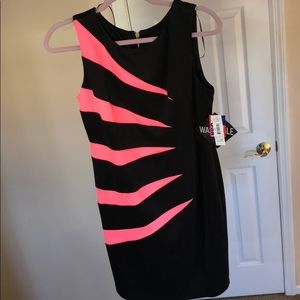 Black and hot pink midi dress